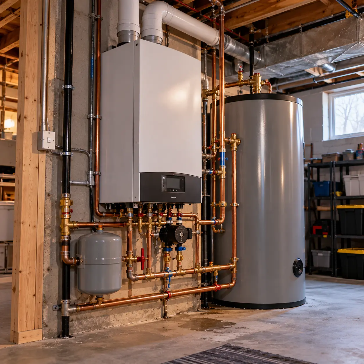 New wall-hung condensing combi boiler installed with clean copper piping in an Ottawa basement