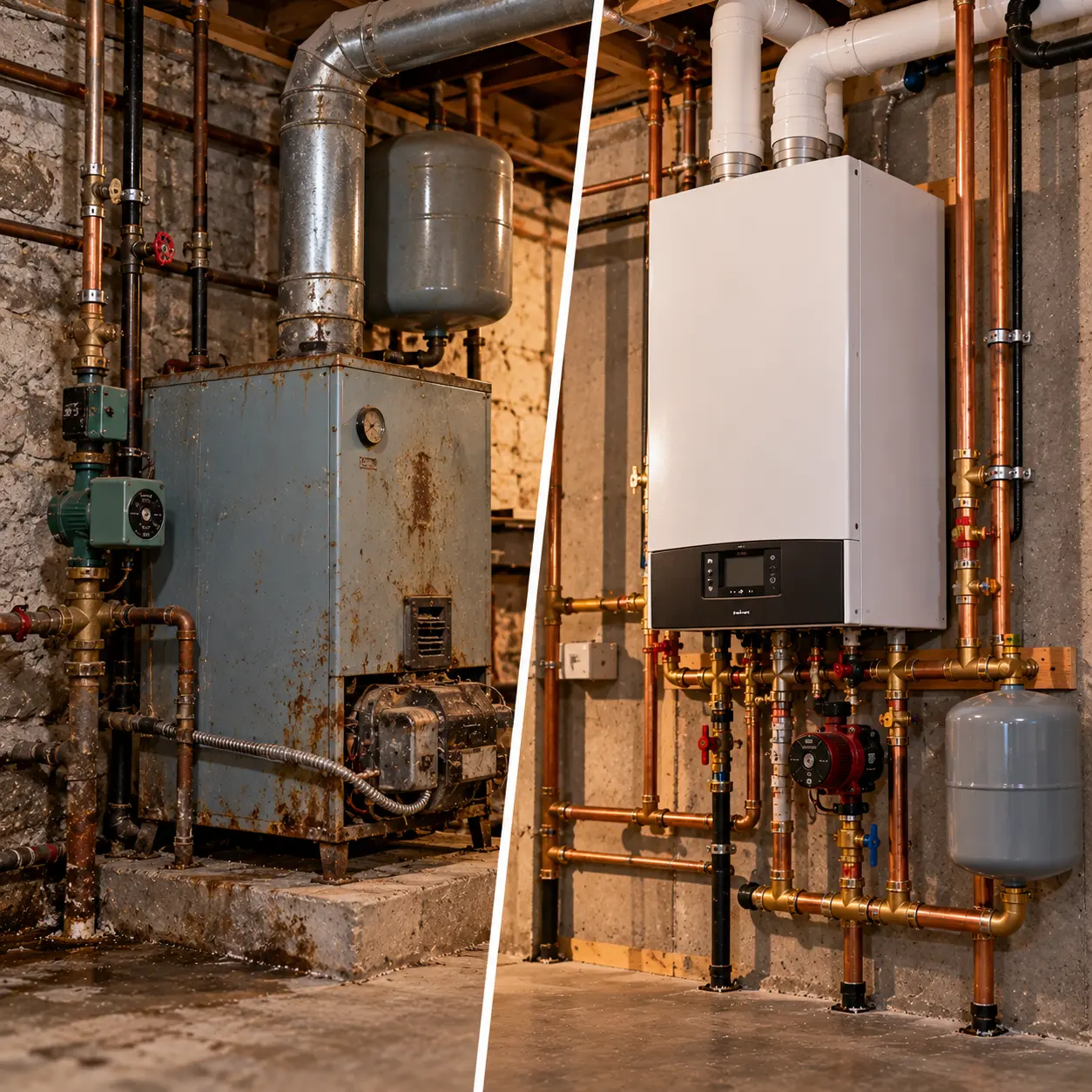 Boiler technician showing a homeowner a cracked cast-iron boiler section in a Sandy Hill basement