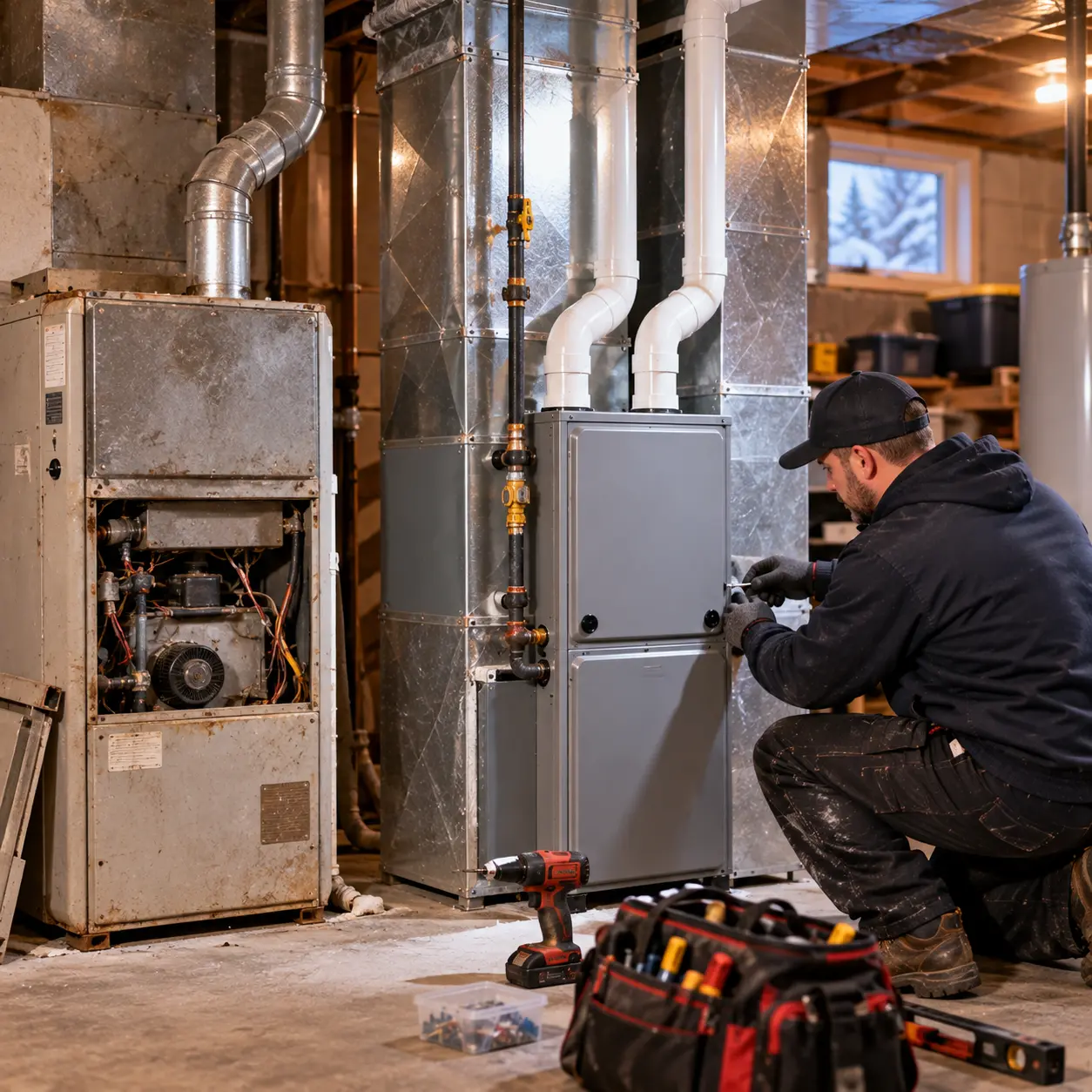 HVAC Services Ottawa technician replacing the igniter on a gas furnace in an Orléans basement